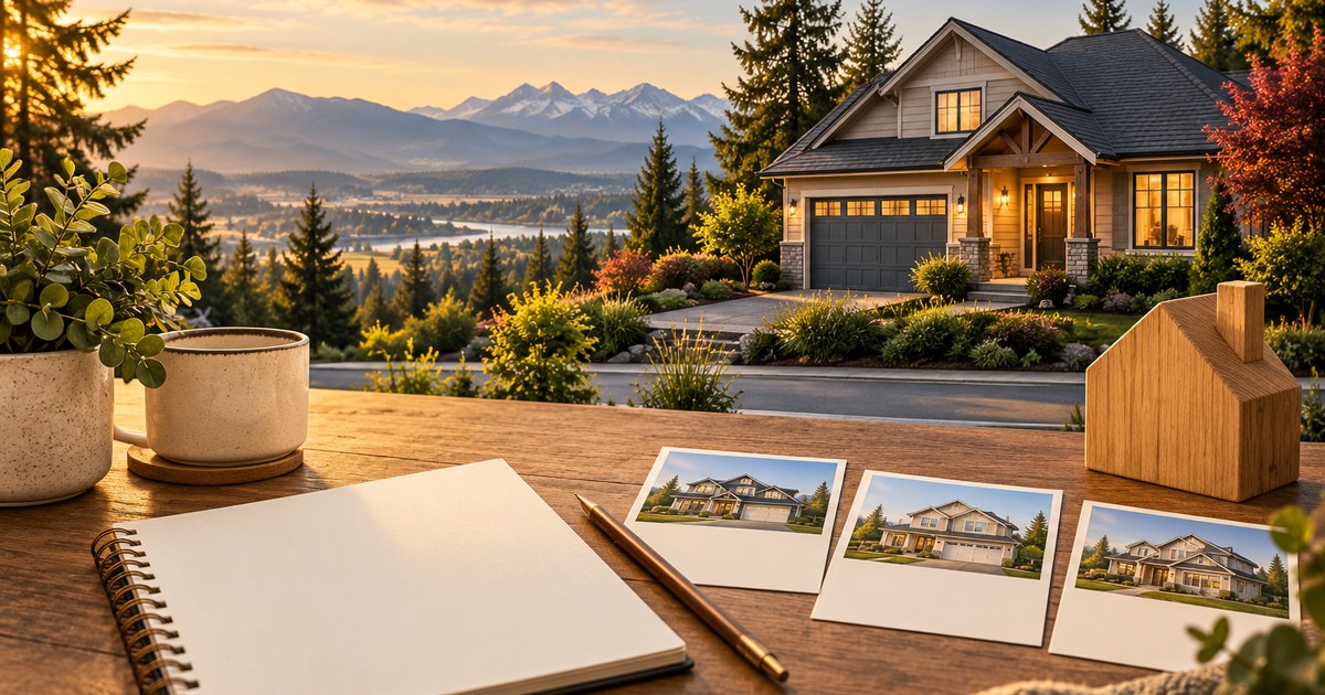 Original conceptual illustration of a home, property-planning notebook and wooden house model; not an actual listing or a market chart.