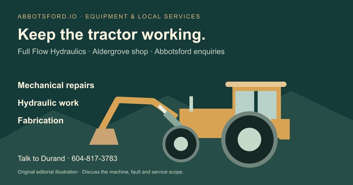 Original illustration of a tractor with a loader, hydraulic cylinder and rear wheel, introducing mechanical repairs, hydraulic work and fabrication.